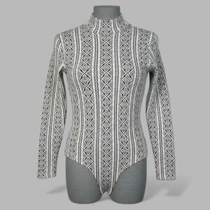90s Black White Geometric Mock Neck‎ Bodysuit M Gothcore Indie Sleaze Print